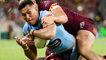 NSW front-rower Daniel Saifiti reaches for a try.