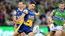 Superstar Parramatta Eels halfback Mitch Moses sends the ball long.