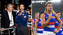 Geelong CEO Steve Hocking with coach Chris Scott, and Bulldogs player Bailey Smith.