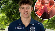 Connor O'Sullivan (left) and (inset) O'Sullivan brushing Joel Selwood.