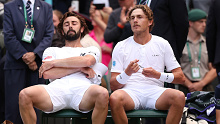 Jordan Thompson and Max Purcell of Australia look dejected following defeat against Henry Patten of Great Britain and Harri Heliovaara of Finland in the Gentlemen's Doubles Final during day thirteen of The Championships Wimbledon 2024 at All England Lawn Tennis and Croquet Club on July 13, 2024 in London, England. (Photo by Julian Finney/Getty Images)