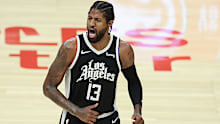 LA Clippers guard Paul George (13) yells and 1 after a basket during the Phoenix Suns game versus the Los Angeles Clippers game 3 NBA Western Conference Finals game on June 24, 2021, at Staples Center in Los Angeles, CA. (Photo by Jevone Moore/Icon Sportswire via Getty Images)