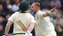 Stuart Broad celebrates another David Warner Ashes dismissal.