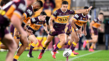 Kotoni Staggs of the Broncos kicks-off during a 2020 NRL game.