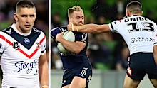 Cameron Munster of the Storm is tackled high by Victor Radley of the Roosters during the round six NRL match between the Melbourne Storm and the Sydney Roosters at AAMI Park on April 16, 2021, in Melbourne, Australia. (Photo by Quinn Rooney/Getty Images)