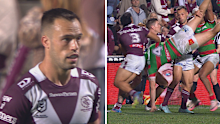 Manly's Luke Brooks is penalised for a dangerous tackle on Campbell Graham.
