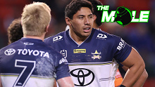 Tom Dearden (7) and Jason Taumalolo of the Cowboys during their loss to the Rabbitohs.