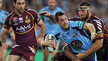 Dave Taylor (R) during an Origin clash with Mitchell Pearce and Cameron Smith.