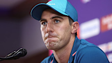 Australian captain Pat Cummins addresses the media during the 2023 Cricket World Cup
