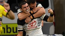Jake Clifford of the Cowboys celebrates after scoring a try during the round 17 NRL match between the North Queensland Cowboys and the St George Illawarra Dragons