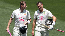 Steve Smith and Marnus Labuschagne of Australia walk off after beating Pakistan during day four of the Men's Third Test Match in the series between Australia and Pakistan at Sydney Cricket Ground on January 06, 2024 in Sydney, Australia. (Photo by Jason McCawley - CA/Cricket Australia via Getty Images)