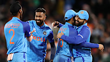 Indian players Arshdeep Singh, Hardik Pandya, Rohit Sharma and Virat Kohli celebrate the win over Bangladesh