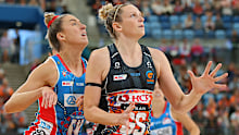 : Sarah Klau of the Swifts and Jo Harten of the Giants compete for the ball during the round six Super Netball match between GWS Giants and Sydney Swifts at Ken Rosewall Arena, on June 06, 2021 in Sydney, Australia. (Photo by Jason McCawley/Getty Images)