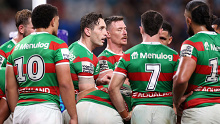 Cameron Murray addresses his Rabbitohs teammates during their round three loss to the Roosters.