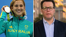 Maddy Groves celebrates her silver medal at the Rio Olympics, and Swimming Australia president Kieren Perkins.