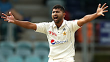 Pakistan seamer Khurram Shahzad pictured in action against the Prime Minister's XI in 2023