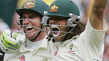  Andrew Symonds celebrates his maiden Test century with teammate Matthew Hayden