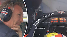 Christian Horner reacts after Sergio Perez crash in the opening part of qualifying for the Hungarian Grand Prix.