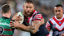 Jared Waerea-Hargreaves of the Roosters runs the ball against the South Sydney Rabbitohs.
