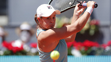 Ashleigh Barty plays a backhand during her quarter-final match against Petra Kvitova at the Madrid Open.