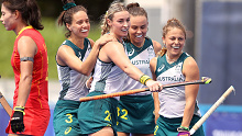  Ambrosia Malone #2 of Team Australia is congratulated by her teammates after scoring a goal against Team China during the Women's Preliminary Pool B match on day three of the Tokyo 2020 Olympic Games at Oi Hockey Stadium on July 26, 2021 in Tokyo, Japan. (Photo by Francois Nel/Getty Images)