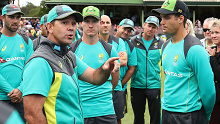 Ricky Ponting presents Alex Carey and D'Arcy Short with their Australian T20 caps in 2018.