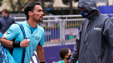 Fabio Fognini of Italy argues with the judge during his Men's Singles round of 32 match against Bernabe Zapata of Spain on day three of the Barcelona Open.