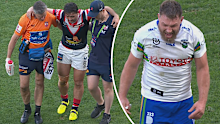 Elliott Whitehead reacts after he was sin binned for a tackle on Brandon Smith. 