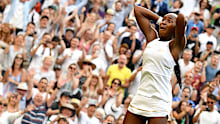Cori Gauff of the USA celebrates winning against Polona Hercog of Slovenia