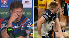Kalyn Ponga reacts to news of Tom Dearden's injury.