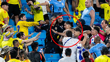 Uruguay forward Darwin Nunez engages with hostile fans in the stands after the Copa America semi final between Uruguay and Colombia.