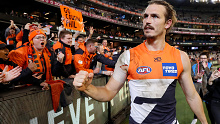  Phil Davis of the Giants celebrates during the 2019 AFL First Preliminary Final 