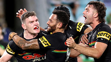 Liam Martin of the Penrith Panthers celebrates a try.