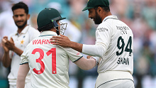 Shan Masood of Pakistan shakes hands with David Warner of Australia as he stakes to the field during day one of the Men's Third Test Match in the series between Australia and Pakistan at Sydney Cricket Ground on January 03, 2024 in Sydney, Australia. (Photo by Mark Evans/Getty Images)