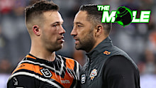 Tigers halfback Luke Brooks with assistant coach Benji Marshall.