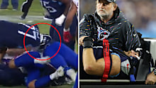Offensive tackle Taylor Lewan #77 of the Tennessee Titans is carted off after being injured against the Buffalo Bill