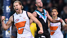 GWS Giants forward Harry Himmelberg celebrates one of his goals against the Power