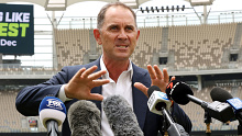 PERTH, AUSTRALIA - NOVEMBER 06: Pictured is Justin Langer during the Cricket Australia 'The West Test' Launch at Perth Stadium on November 06, 2023 in Perth, Australia. (Photo by Will Russell/Getty Images for Cricket Australia)