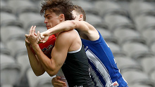 Jack Steele of the Saints marks the ball during the round 1 AFL match between the North Melbourne Kangaroos and the St Kilda Saints at Marvel Stadium