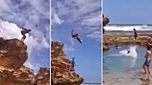 Sydney Stack is filmed backflipping of a cliff just a month out from the AFL season.