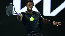 Gael Monfils of France plays a forehand in his Men's Singles Quarterfinals match against Matteo Berrettini of Italy