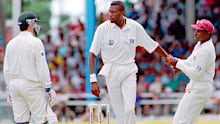 Steve Waugh and Curtly Ambrose during their famous confrontation on the 1995 West Indies tour.
