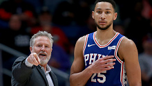 Brett Brown with Ben Simmons during a Philadelphia 76ers NBA game.