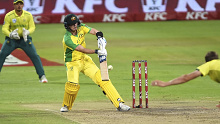 Steve Smith hits to the leg-side during his innings in the third T20 match against South Africa in Cape Town.