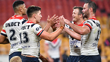 Daniel Tupou, Victor Radley, Brett Morris and Boyd Cordner of the Roosters during round 4