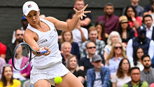 Ashleigh Barty hits a forehand against Karolina Pliskova in the Wimbledon final, which began as a rout.