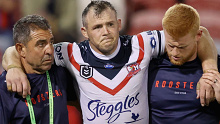 Brett Morris of the Sydney Roosters comes off injured against the Newcastle Knights.