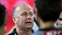 Port Adelaide coach Ken Hinkley addresses his troops.