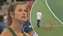 South African javelin thrower Jo-Ane van Dyk reacts after nearly spearing a distracted official in the women's javelin final.