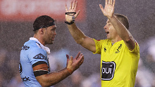Dale Finucane is sent to the sin bin by referee Ben Cummins for a hip drop tackle.